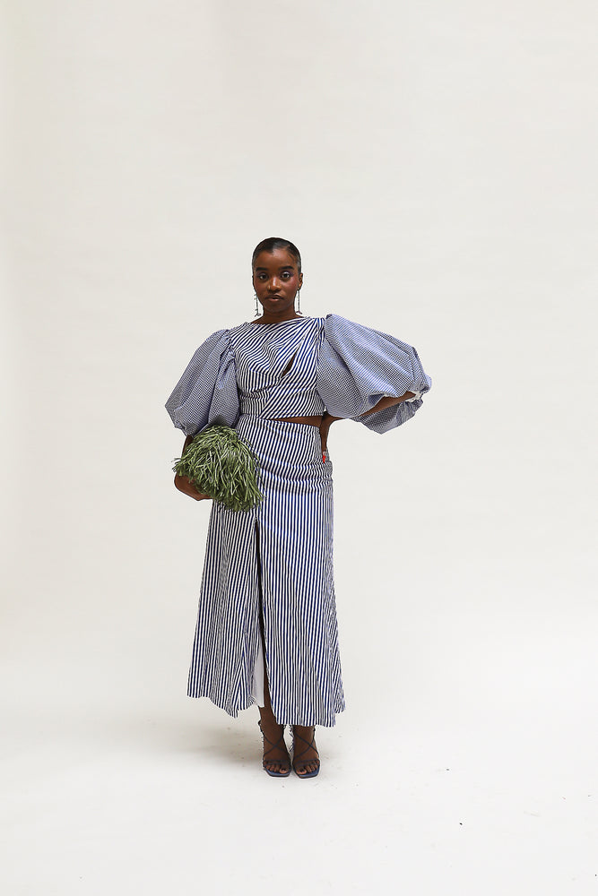 
                  
                    Load image into Gallery viewer, Esade side cut midi dress I Blue stripes
                  
                