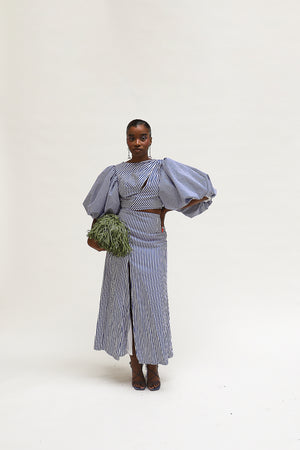 
                  
                    Load image into Gallery viewer, Esade side cut midi dress I Blue stripes
                  
                