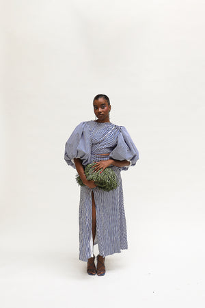 
                  
                    Load image into Gallery viewer, Esade side cut midi dress I Blue stripes
                  
                