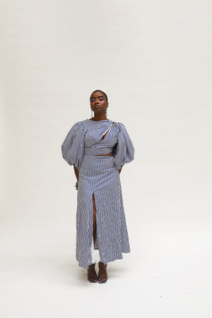 
                  
                    Load image into Gallery viewer, Esade side cut midi dress I Blue stripes
                  
                