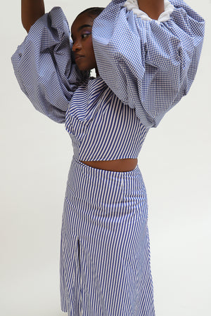
                  
                    Load image into Gallery viewer, Esade side cut midi dress I Blue stripes
                  
                